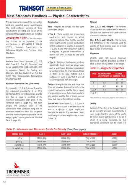 Mass Standards Handbook — Physical Characteristics .